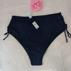aerie Navy High-Waist Swim Bottoms with Side Lace-Up